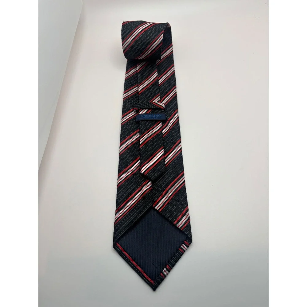 Angelino Mens Necktie Black Red White Diagonal Striped Hand Made Microfiber 1608